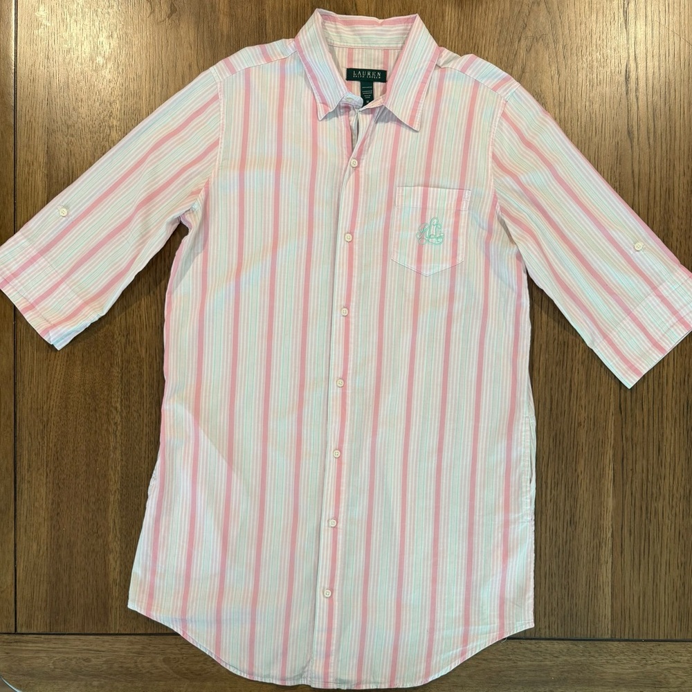 Lauren Ralph Lauren Pink, White & Light Blue Striped Cotton Nightshirt
